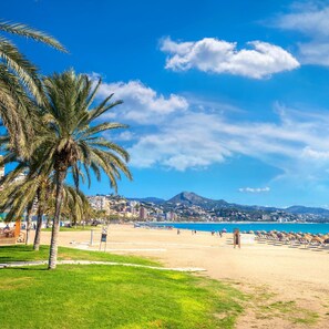 Una playa con palmeras, cielo despejado y una montaña al fondo.