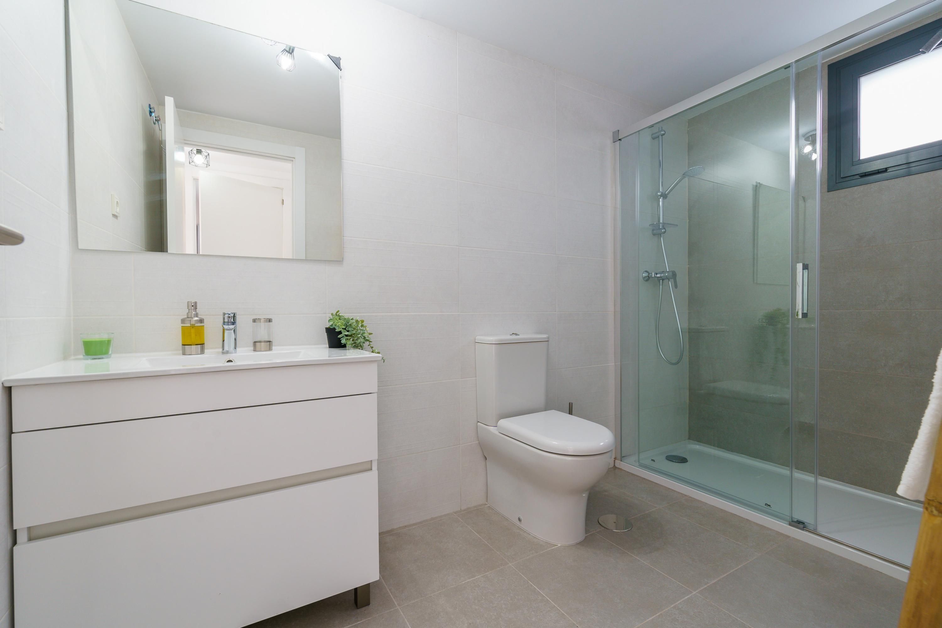Un bagno moderno con doccia vetrata, un water bianco e un mobile lavabo con specchio e articoli da toilette.