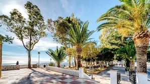 A paved walkway with palm trees and a view of the sea. - Apartment La Cala With Pool (Mijas)