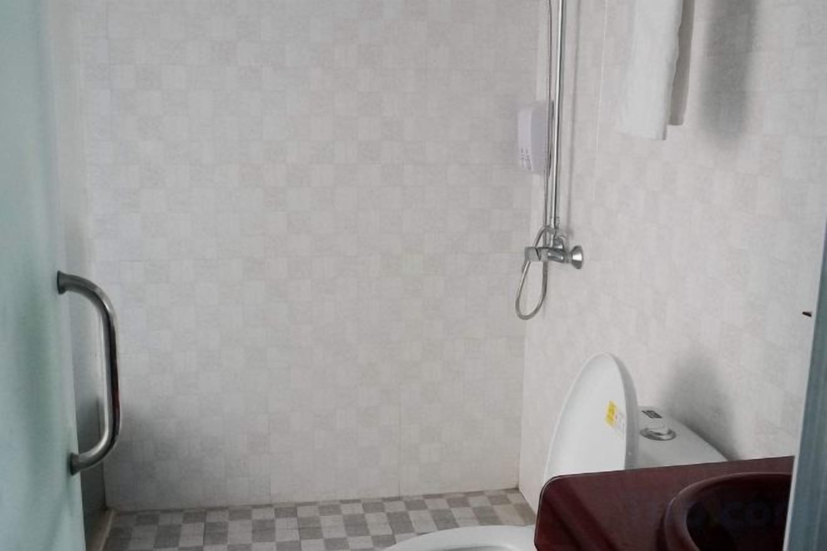 Une salle de bain avec une douche, des toilettes et un carrelage à motifs à carreaux.