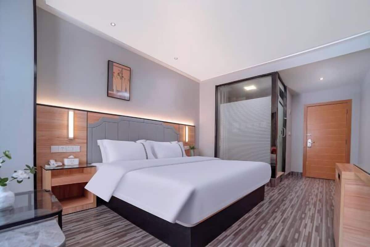 A modern hotel room with a large bed, bedside tables, a nightstand, a wall-mounted light, and a door with a glass panel.