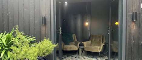 A modern interior with two chairs, a patterned rug, and a blue planter with green plants.