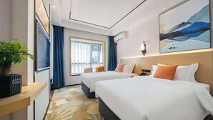 A hotel room with two beds, a TV, a plant, and a large window with curtains. - Tung Pak King Hyatt Delicate Hotel (Tongbai)