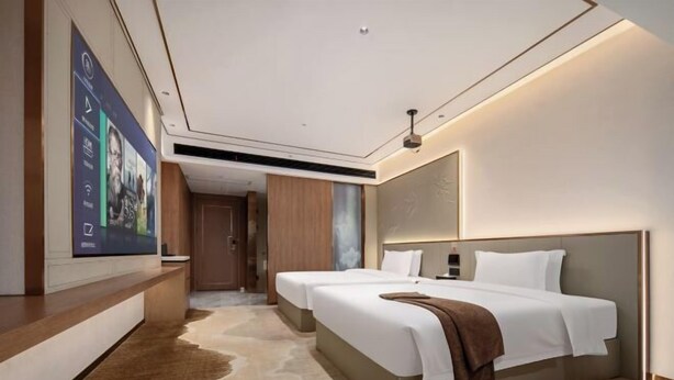 Une chambre d’hôtel moderne avec deux lits, un grand téléviseur fixé au mur et un mur décoratif en bois.