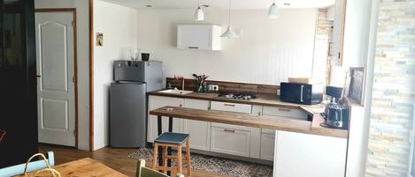 Frigorífico, microondas, horno y placa de cocina