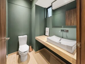 Une salle de bain moderne avec des toilettes, un lavabo et un miroir.
