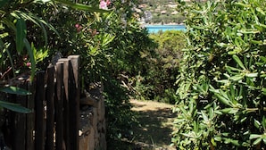 Un sendero de piedra atraviesa un jardín con una cerca de madera a un lado y follaje denso al otro.