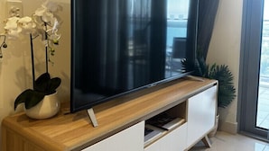 A modern living room with a flat-screen TV on a wooden TV stand, a potted orchid, and a view of the outdoors through a large window. - Darwin City Retreat  2 bedrooms (Darwin City)