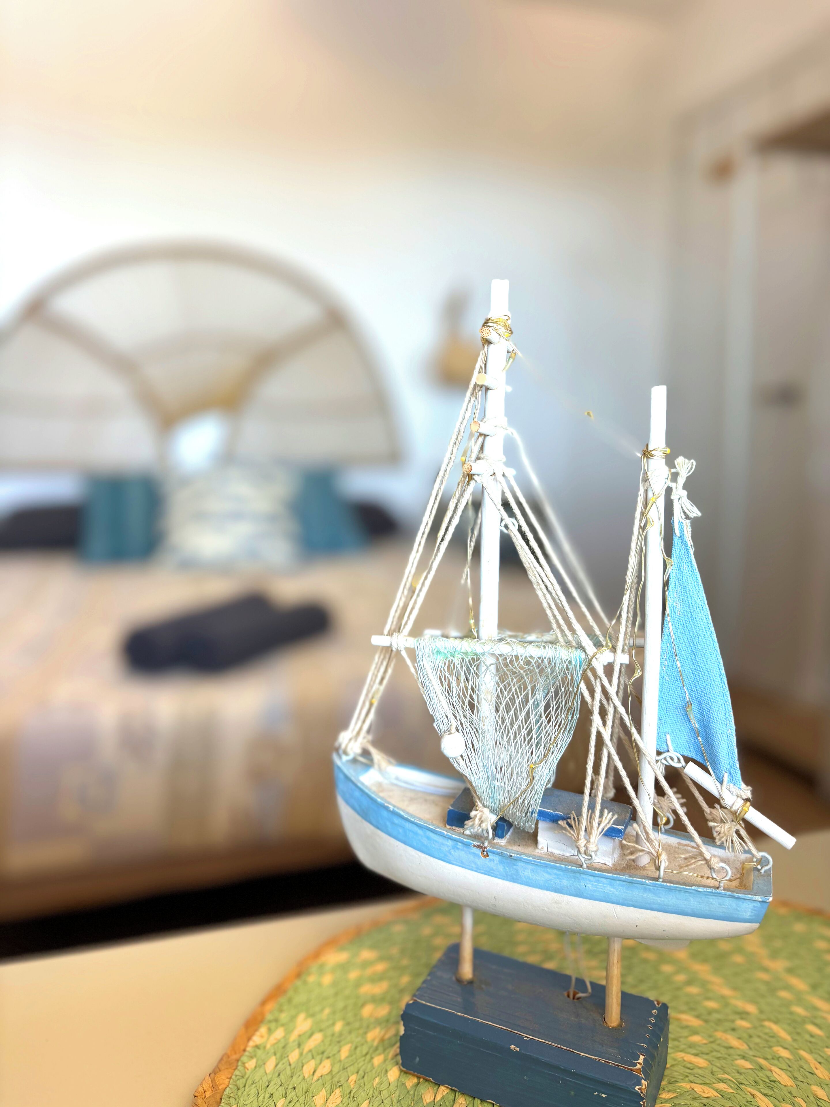 A model ship on a stand.