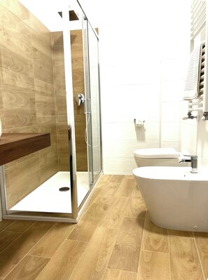 Shower, hair dryer, bidet, towels