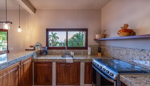 Apartamento luxo | Cozinha privada | Geladeira grande, micro-ondas, fogão, cooktop