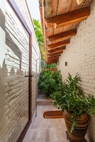 Un pasillo estrecho con paredes de ladrillo blanco, techo de madera y una planta grande en maceta.
