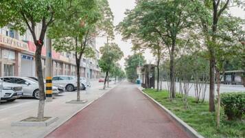A tree-lined street with parked cars and a red bike lane.