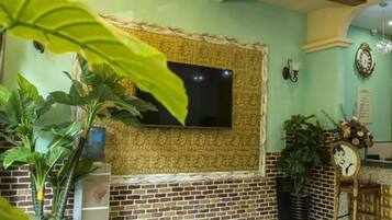 A room with a brick wall, a flat-screen TV mounted on it, and a large potted plant in the foreground.