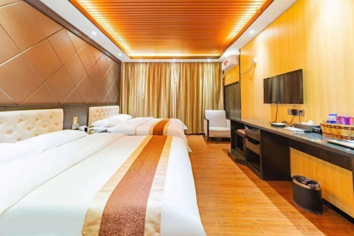 A hotel room with a large bed, a desk, a chair, a television, and a trash bin.