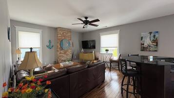 Smart TV, DVD player, foosball, video library