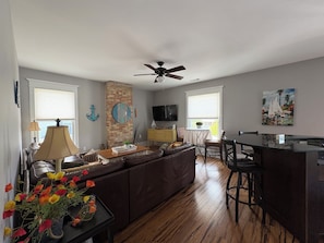 Smart TV, DVD player, foosball, video library