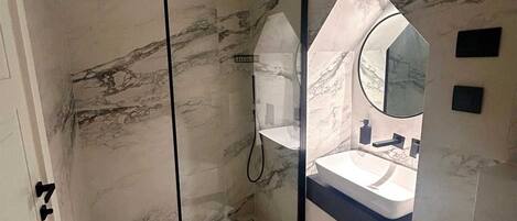 Shower, hair dryer, towels