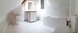 Shower, hair dryer, bidet, towels