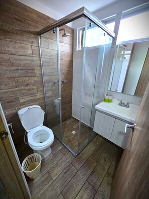 Hair dryer, towels, soap, toilet paper