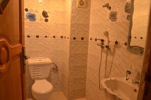 Hair dryer, towels, soap, toilet paper