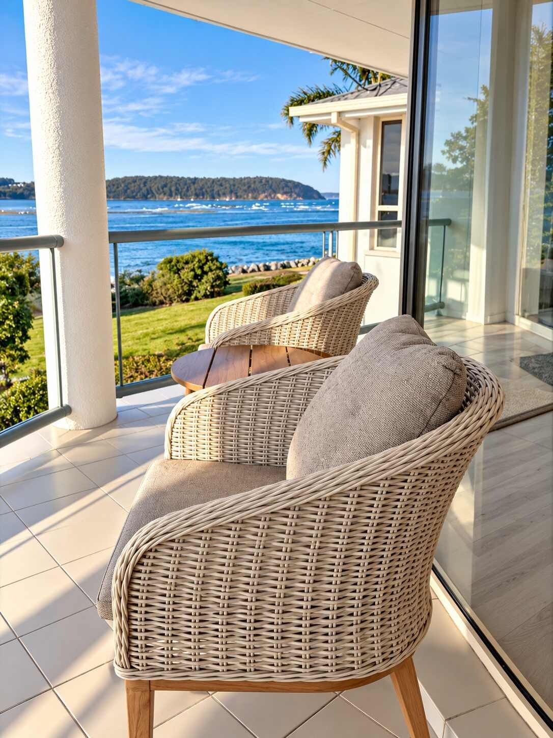 A wicker chair with a cushion on a balcony overlooking a coastal view.
