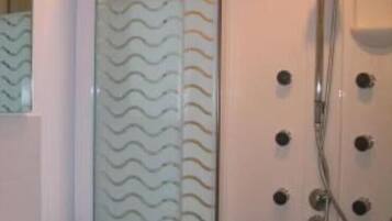 Shower, hair dryer, towels