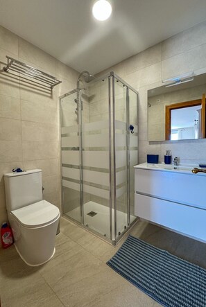 Shower, hair dryer, towels