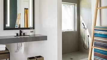 Hair dryer, towels, soap, shampoo