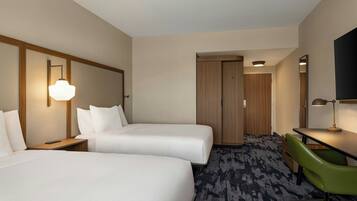 Desk, laptop workspace, blackout drapes, iron/ironing board