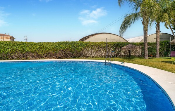 A clear blue swimming pool with a curved edge, surrounded by a well-maintained hedge and palm trees. - 1 bedroom stunning apartment in Torrox (Torrox)