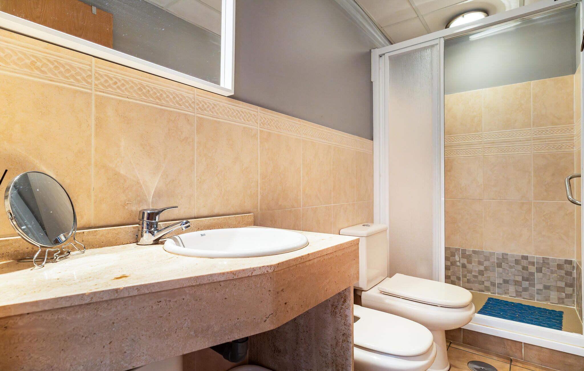 A bathroom with a sink, mirror, and toilet.