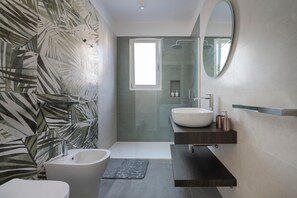 Douche, séchoir à cheveux, serviettes fournies