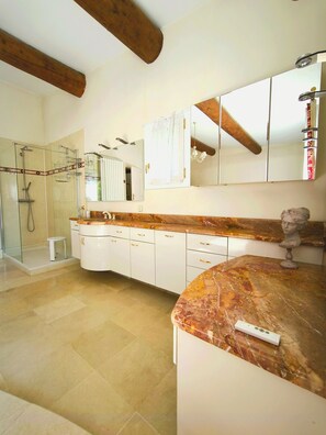 Hair dryer, towels, soap, shampoo