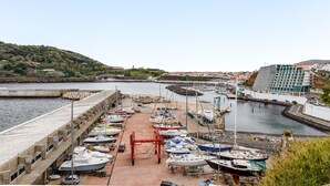 Un port de plaisance avec des bateaux amarrés, une jetée et des bâtiments en arrière-plan.