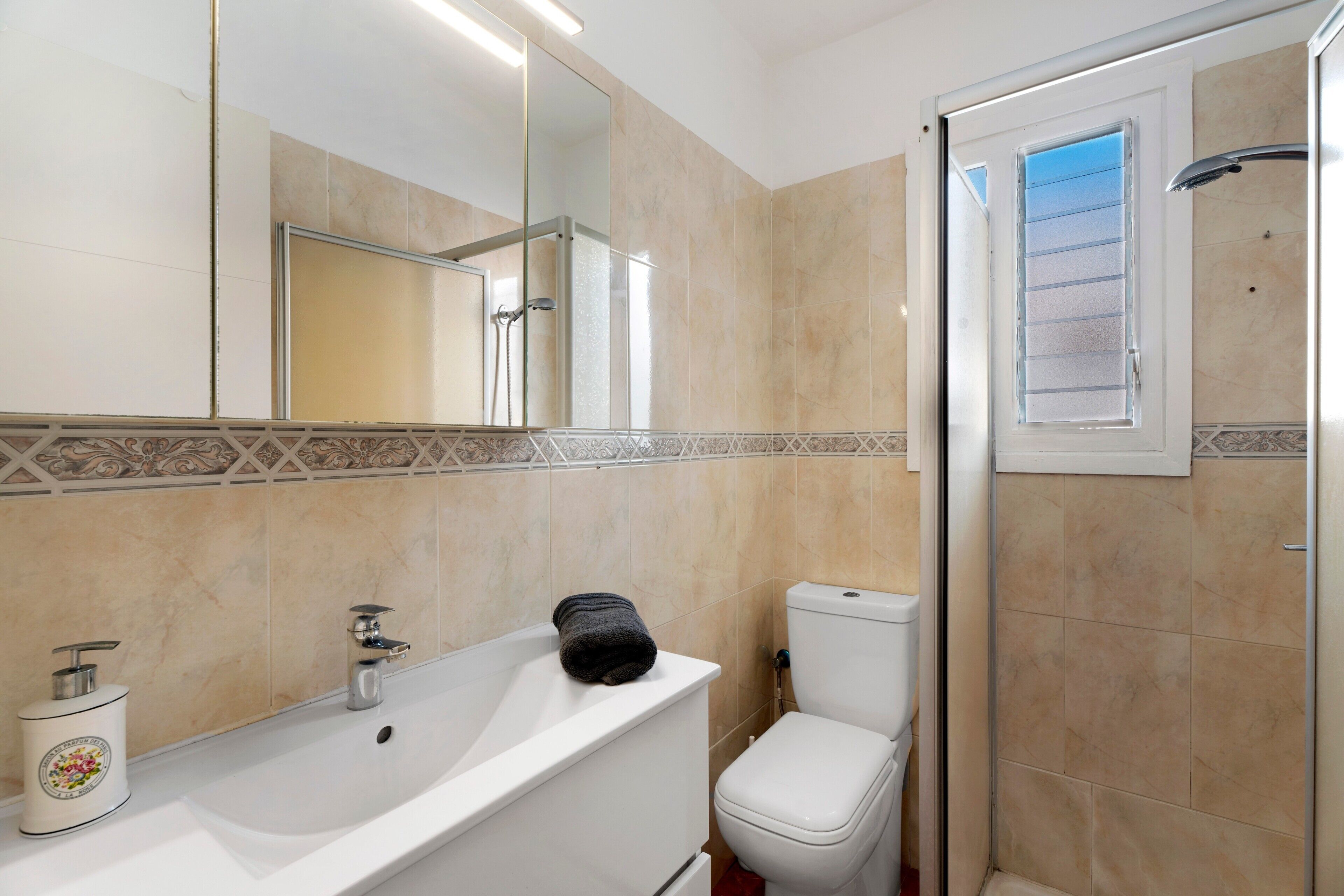 Shower, hair dryer, towels