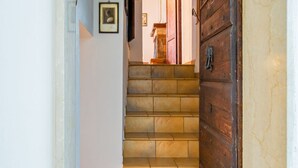 A staircase with stone steps leading to a wooden door.