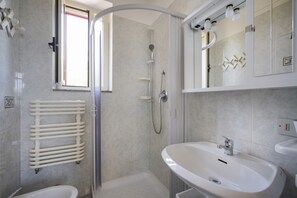 Shower, hair dryer, bidet, towels