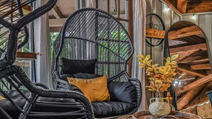 A cozy room with a black wicker chair, a cushioned bench, and a decorative vase with yellow flowers. - Light'n Bug Bungalow: Pet Friendly, FREE Attraction Tickets, Hot Tub, & Firepit (Townsend)