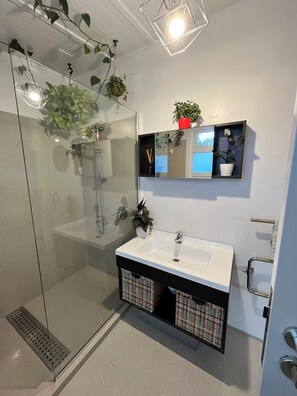 Shower, towels, soap, toilet paper