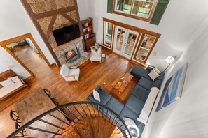 Smart TV, fireplace, books