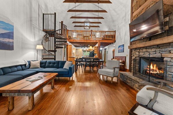 Smart TV, fireplace, books