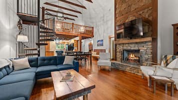 Smart TV, fireplace, books