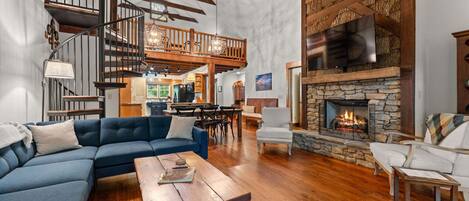 Smart TV, fireplace, books