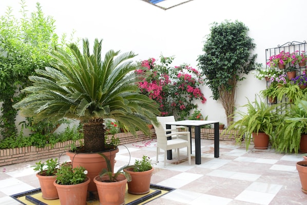A patio with potted plants, a white chair, and a table.