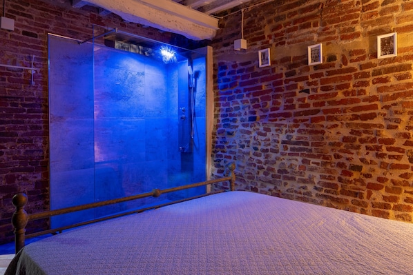 A room with a large glass door leading to a shower area, a brick wall, and a bed with a headboard.