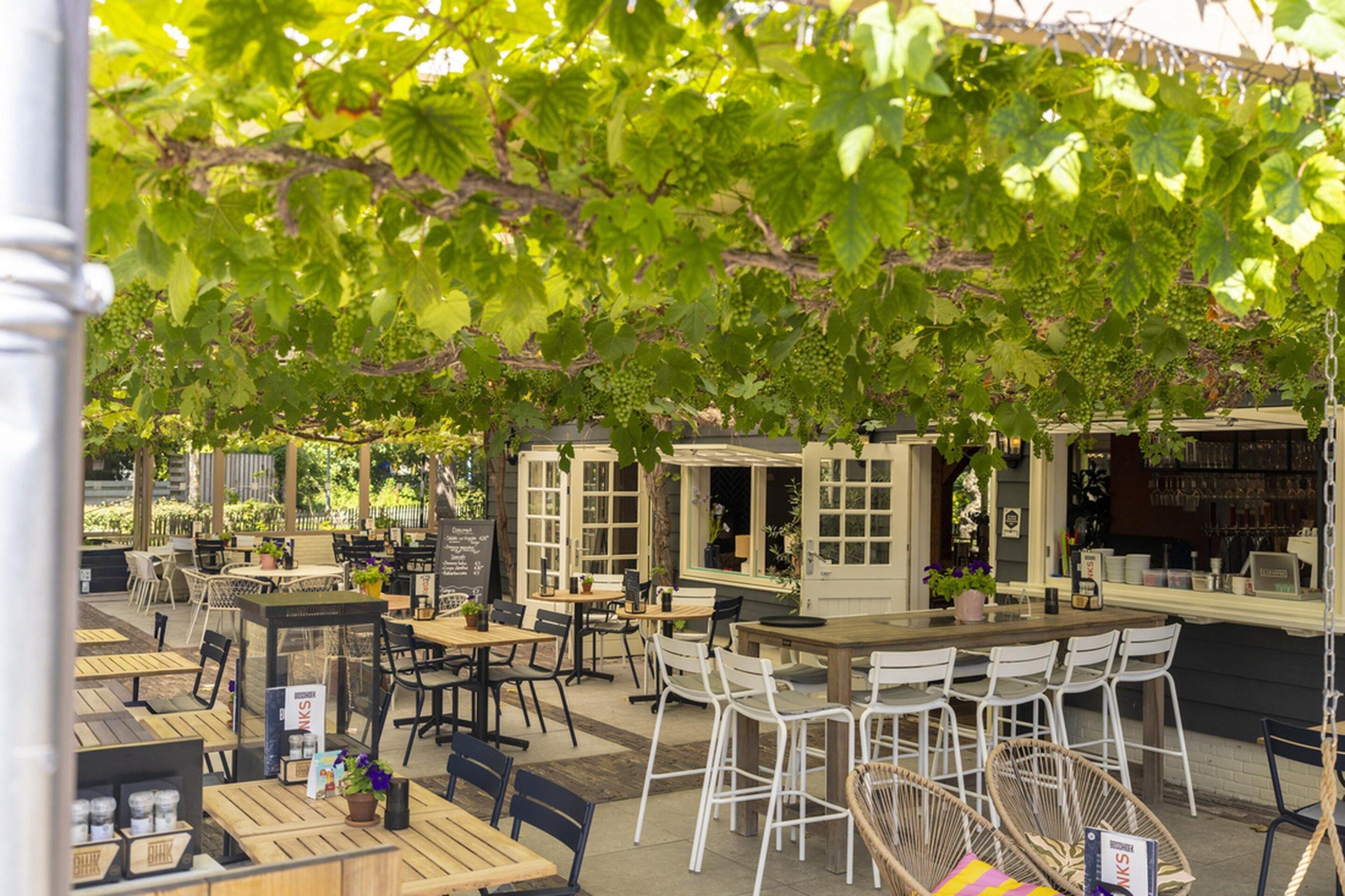 An outdoor cafe with tables and chairs, surrounded by greenery.