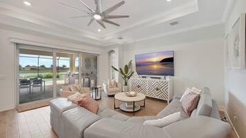 Smart TV, fireplace, stereo