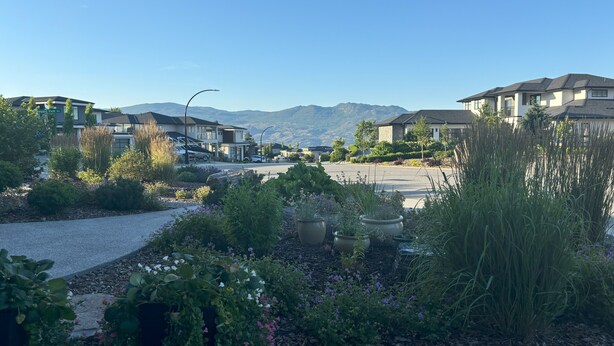 Ein Wohngebiet mit Häusern, blauem Himmel und Bergen im Hintergrund.