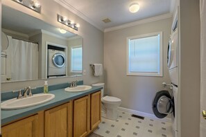 Hair dryer, towels, soap, shampoo